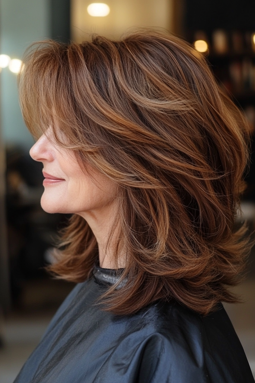 2. Warm Chestnut Shag with Curtain Bangs (Hairstyles With Bangs For Women Over 50) - Hairstyles With Bangs For Women Over 50
