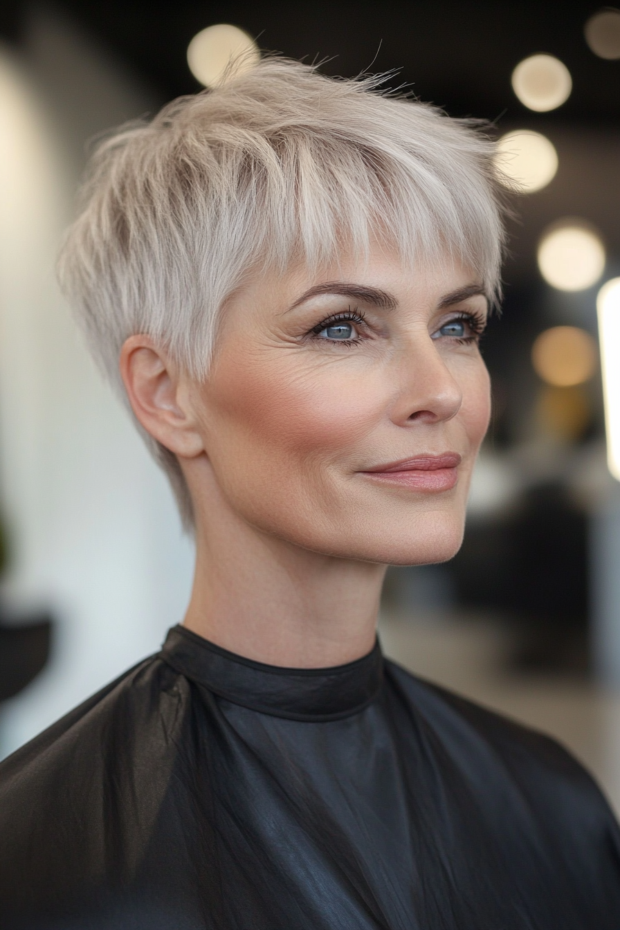 3. Classic Silver Pixie with Wispy Bangs (Hairstyles With Bangs For Women Over 50) - Hairstyles With Bangs For Women Over 50