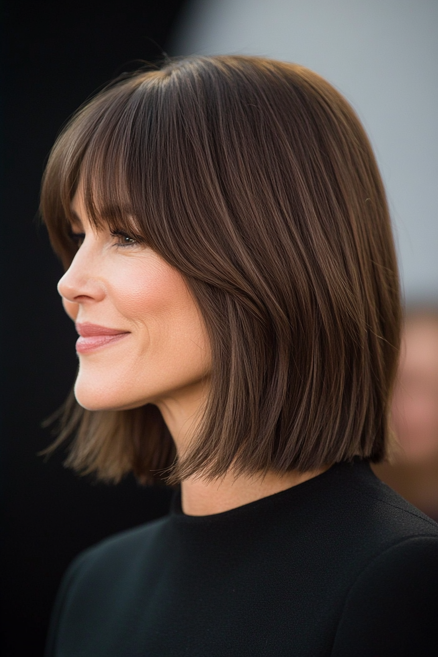 4. Brunette Layered Lob with Blunt Bangs (Hairstyles With Bangs For Women Over 50) - Hairstyles With Bangs For Women Over 50