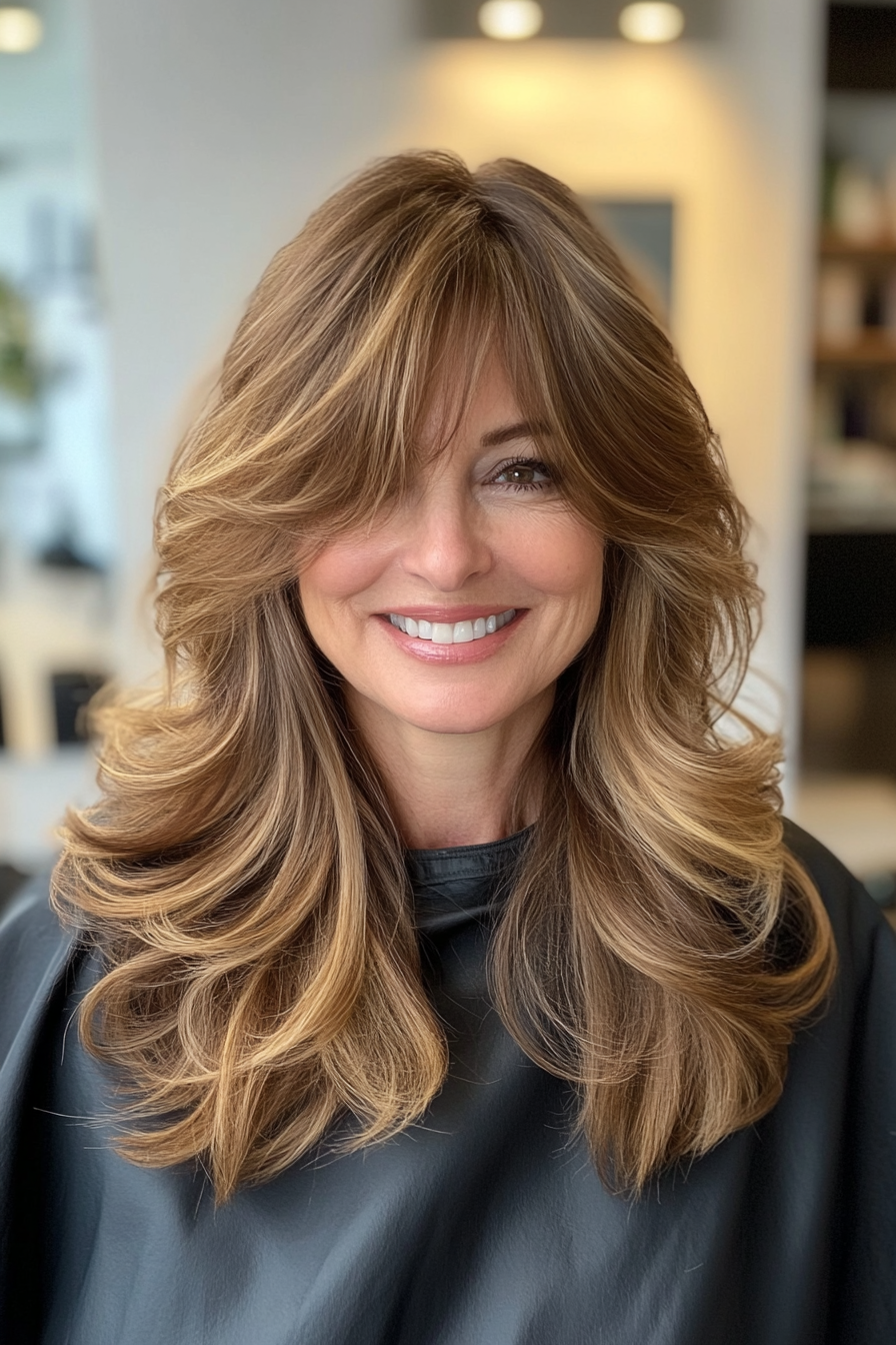 5. Golden Brown Waves with Feathered Bangs (Hairstyles With Bangs For Women Over 50) - Hairstyles With Bangs For Women Over 50