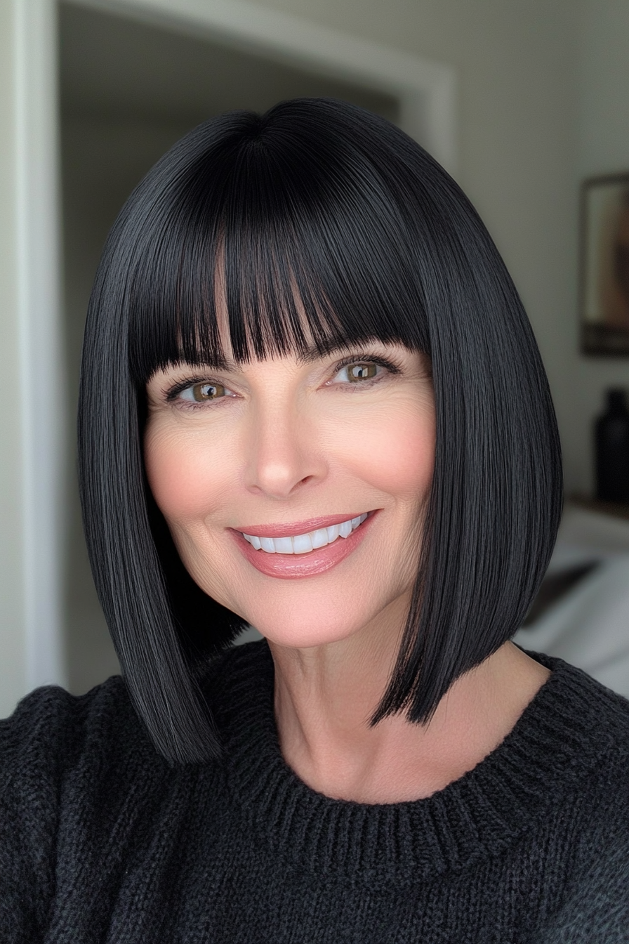 6. Sleek Jet Black Bob with Straight Bangs (Hairstyles With Bangs For Women Over 50) - Hairstyles With Bangs For Women Over 50