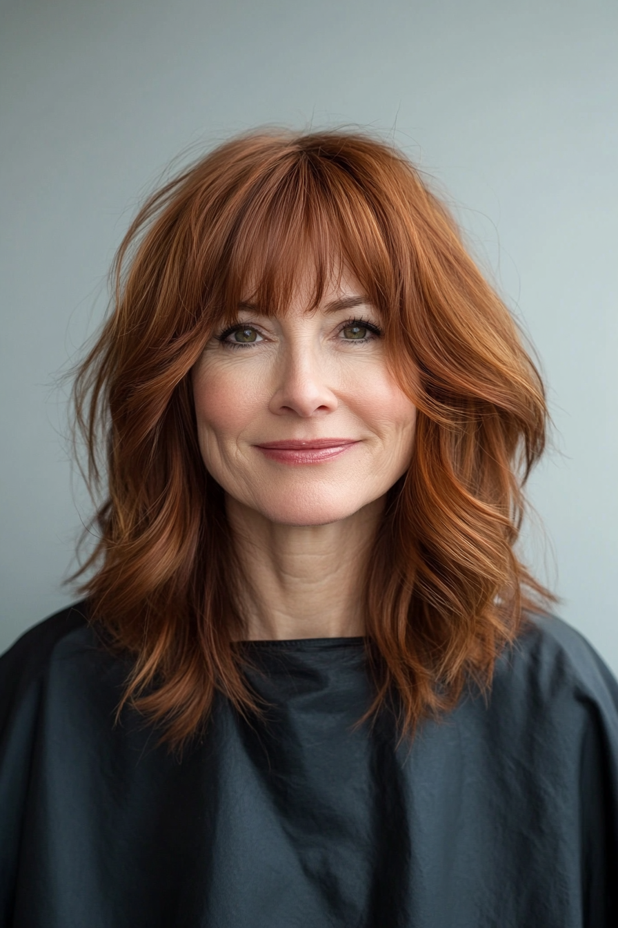 8. Auburn Shoulder-Length Layers with Arched Bangs (Hairstyles With Bangs For Women Over 50) - Hairstyles With Bangs For Women Over 50