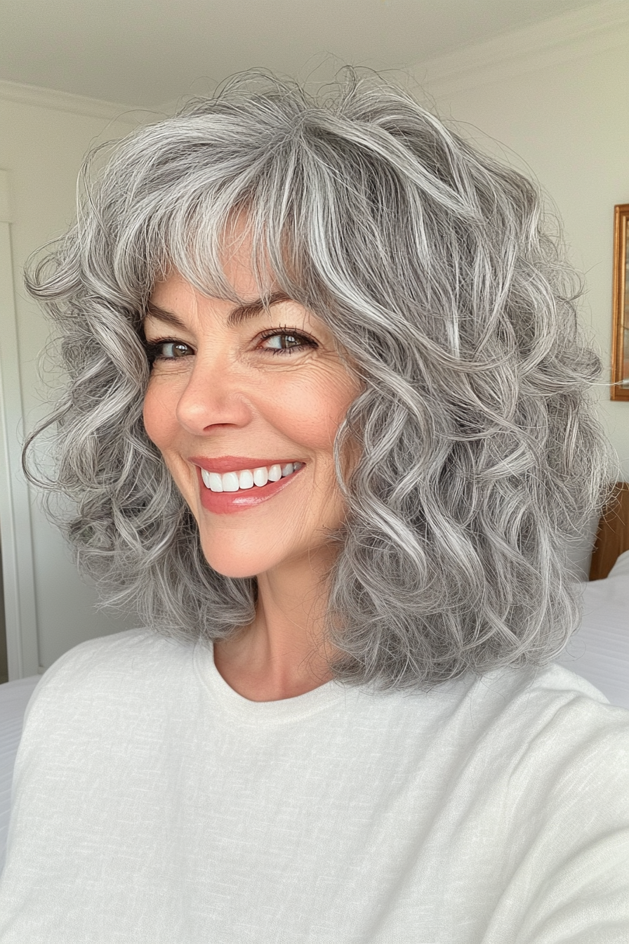 9. Natural Gray Curly Bob with Textured Bangs (Hairstyles With Bangs For Women Over 50) - Hairstyles With Bangs For Women Over 50