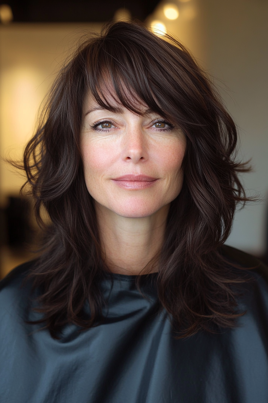 10. Chocolate Brown Medium Cut with Angled Bangs (Hairstyles With Bangs For Women Over 50) - Hairstyles With Bangs For Women Over 50