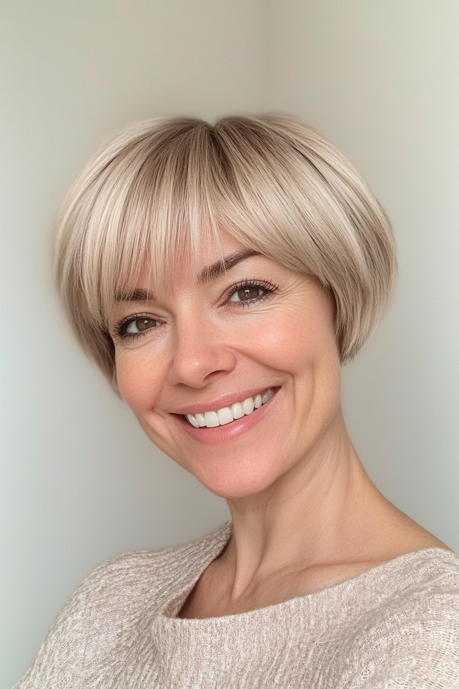 11. Sandy Blonde Pixie Bob with Short Fringe (Hairstyles With Bangs For Women Over 50) - Hairstyles With Bangs For Women Over 50