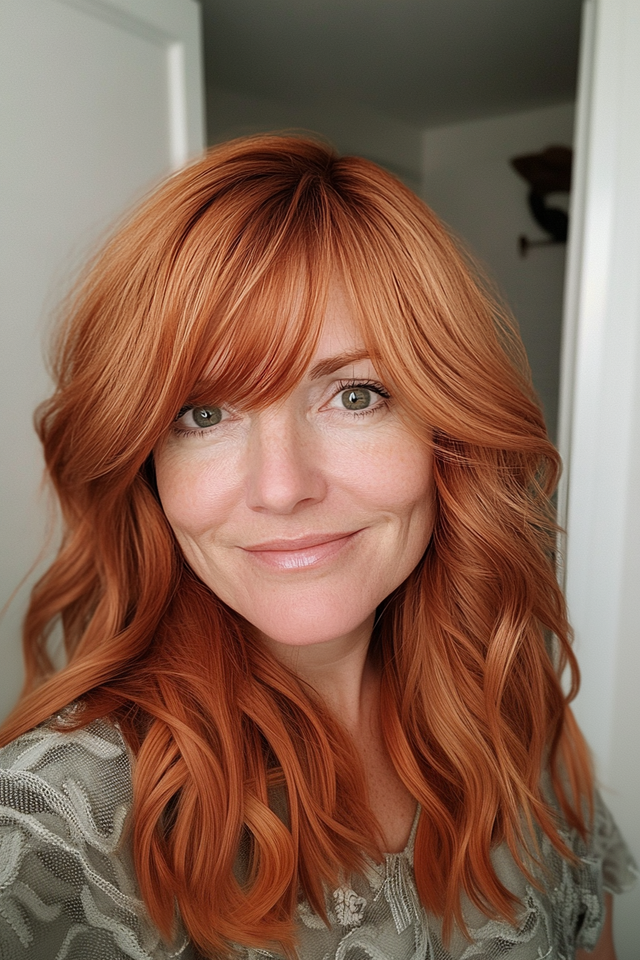 12. Copper Shoulder-Length Waves with Side Bangs (Hairstyles With Bangs For Women Over 50) - Hairstyles With Bangs For Women Over 50