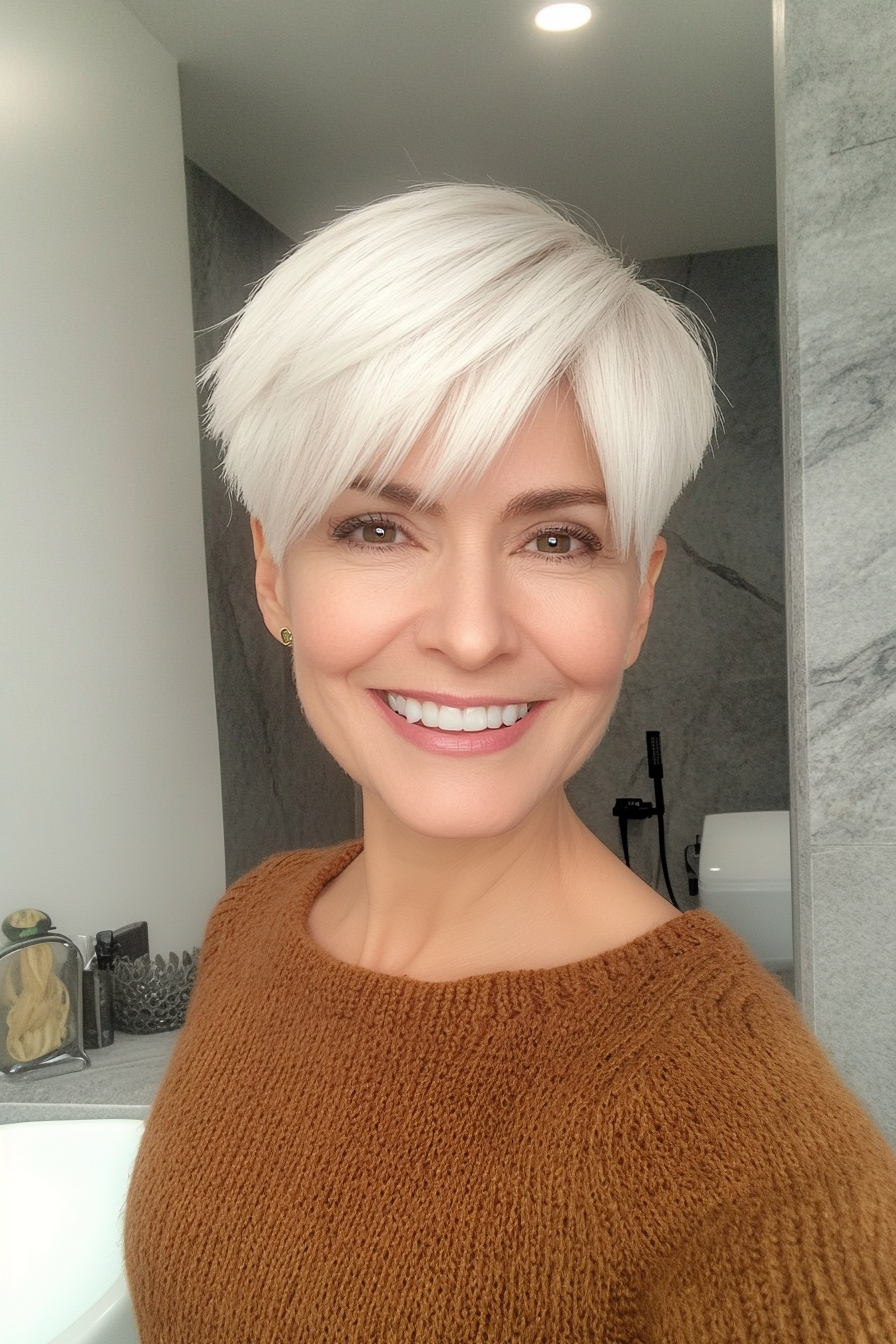 14. Natural White Pixie with Asymmetrical Bangs (Hairstyles With Bangs For Women Over 50) - Hairstyles With Bangs For Women Over 50