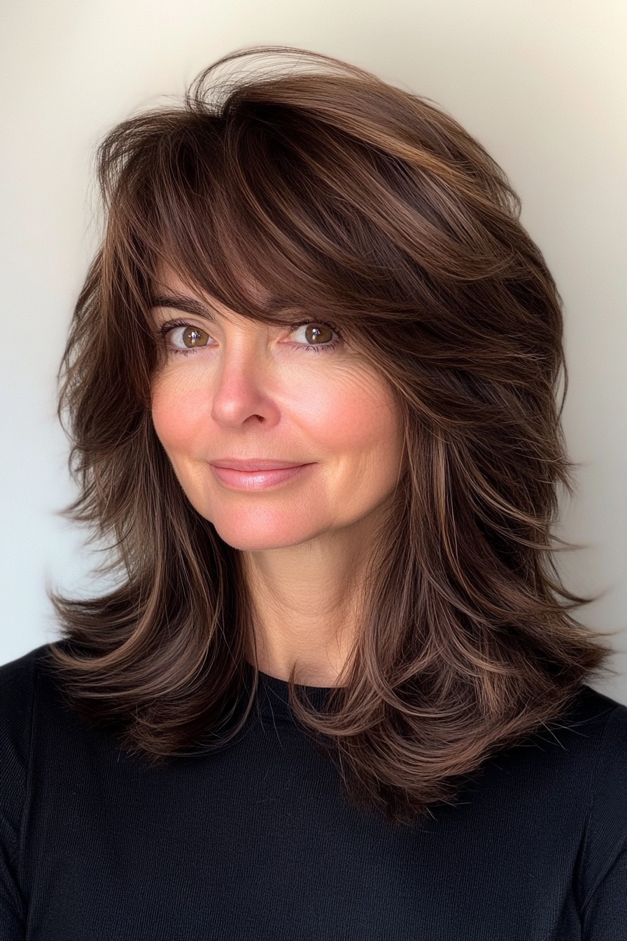 15. Rich Espresso Shaggy Layers with Curtain Bangs (Hairstyles With Bangs For Women Over 50) - Hairstyles With Bangs For Women Over 50