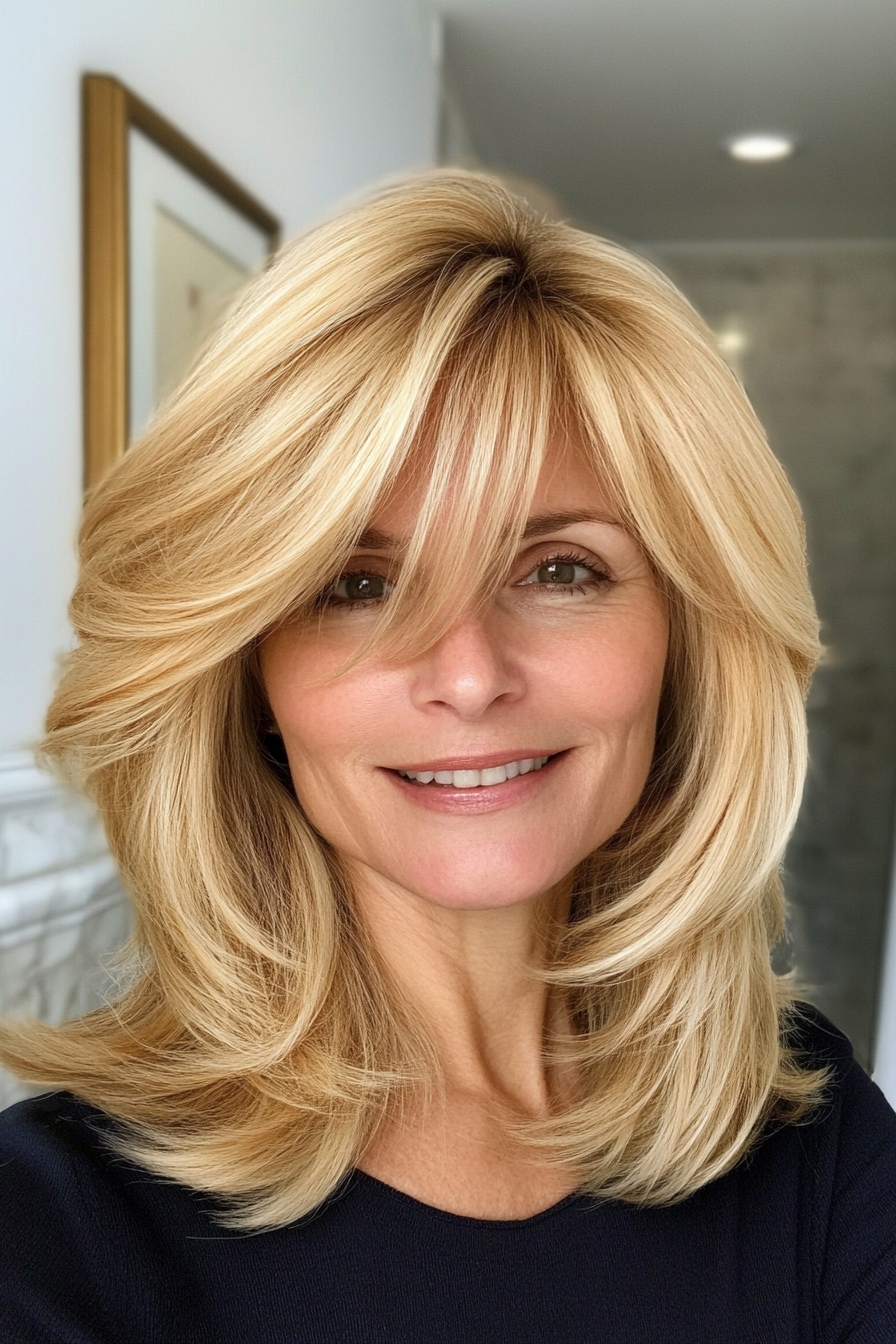 16. Medium Golden Blonde Feathered Cut with Fringe (Hairstyles With Bangs For Women Over 50) - Hairstyles With Bangs For Women Over 50