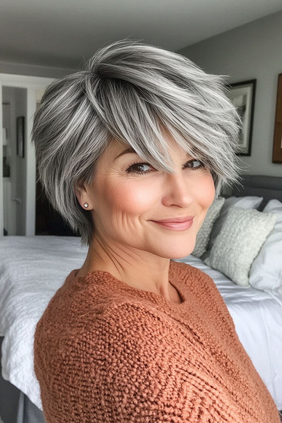 18. Soft Gray Layered Pixie with Piecey Bangs (Hairstyles With Bangs For Women Over 50) - Hairstyles With Bangs For Women Over 50
