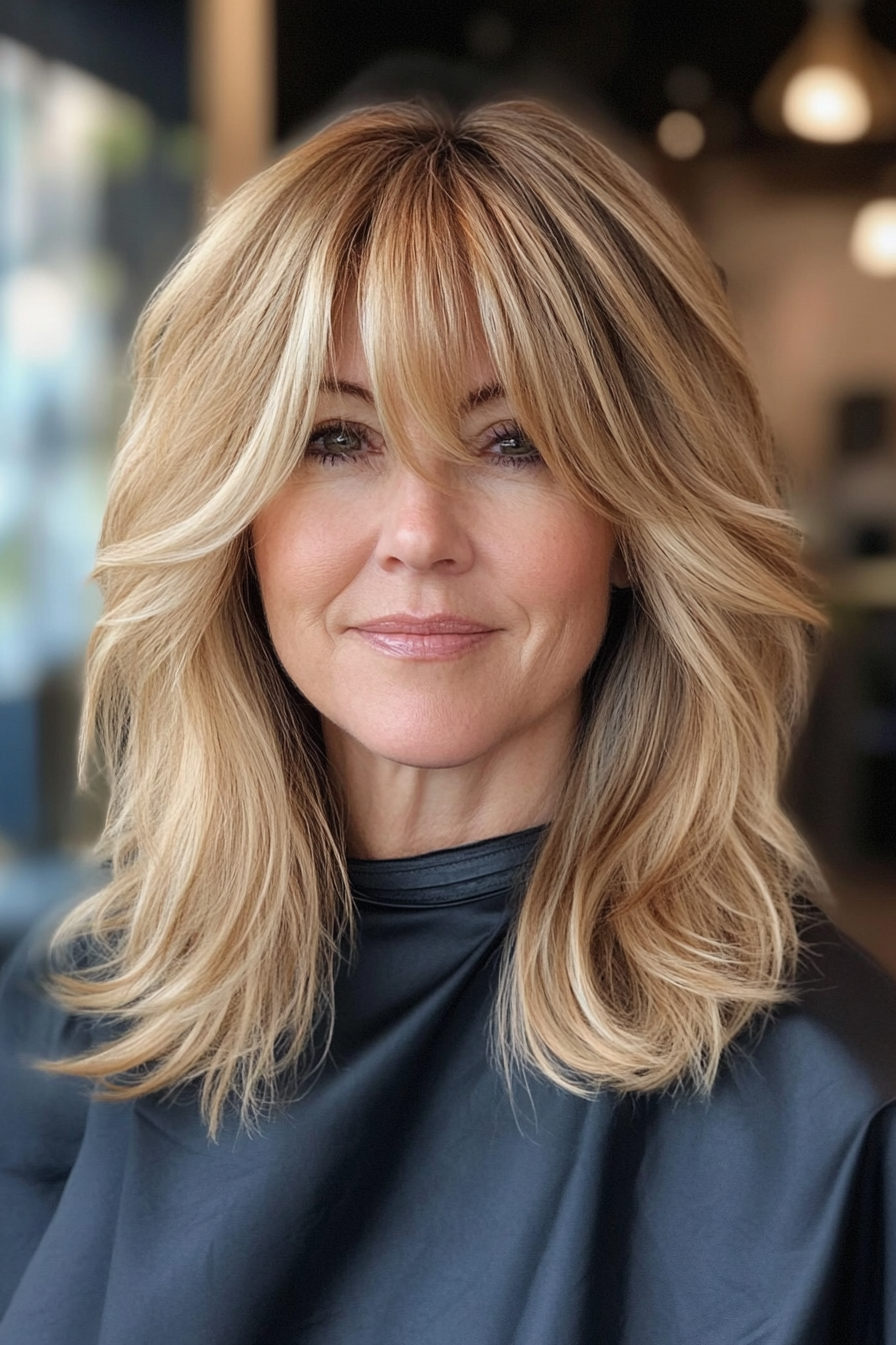 19. Honey Blonde Shoulder Waves with Long Bangs (Hairstyles With Bangs For Women Over 50) - Hairstyles With Bangs For Women Over 50
