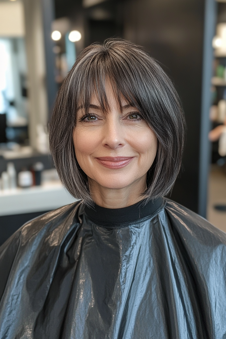 20. Silvery Brunette Bob with Choppy Bangs (Hairstyles With Bangs For Women Over 50) - Hairstyles With Bangs For Women Over 50