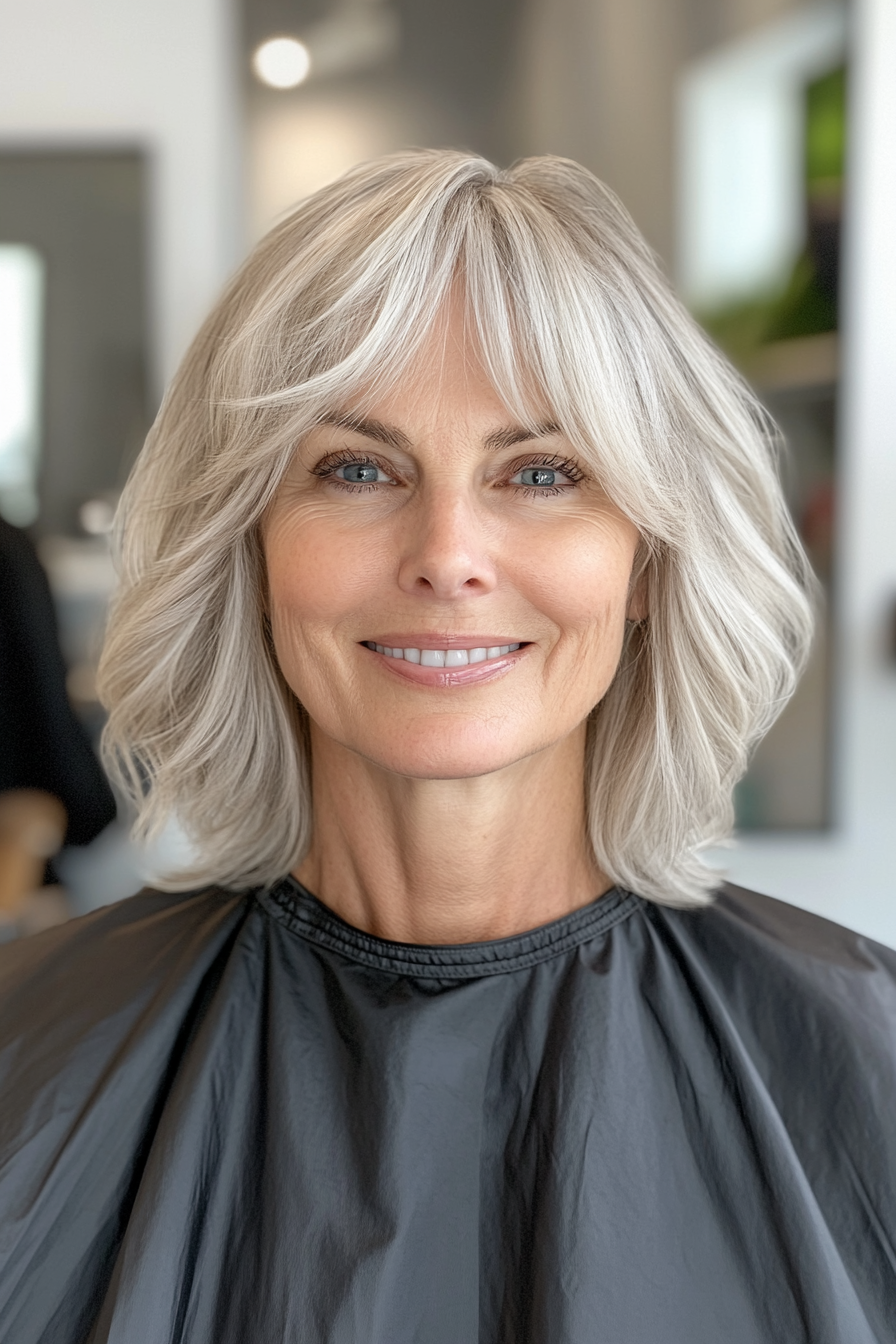 21. Natural Salt-and-Pepper Layered Cut with Side Bangs (Hairstyles With Bangs For Women Over 50) - Hairstyles With Bangs For Women Over 50