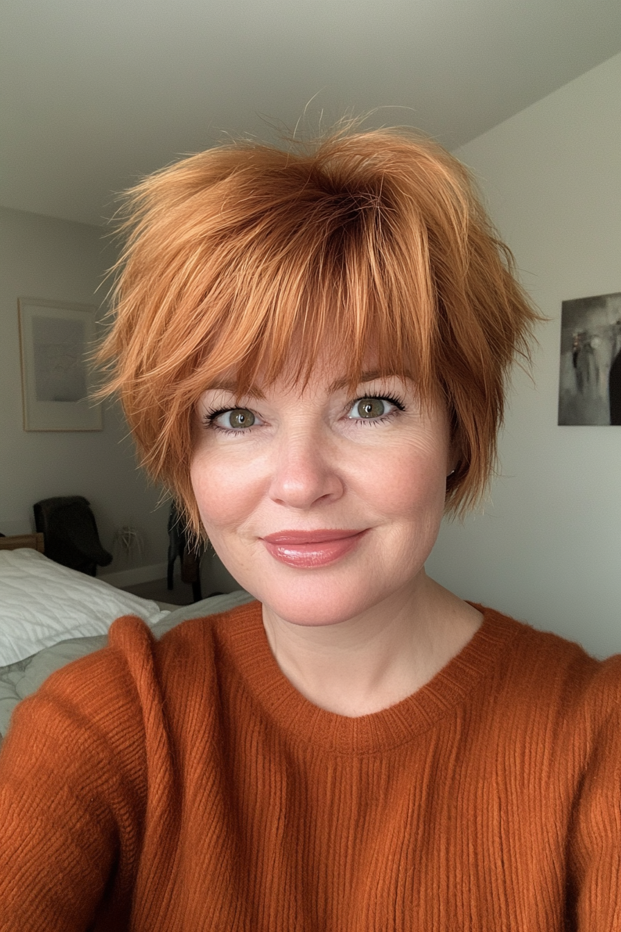 22. Golden Chestnut Pixie with Soft Bangs (Hairstyles With Bangs For Women Over 50) - Hairstyles With Bangs For Women Over 50