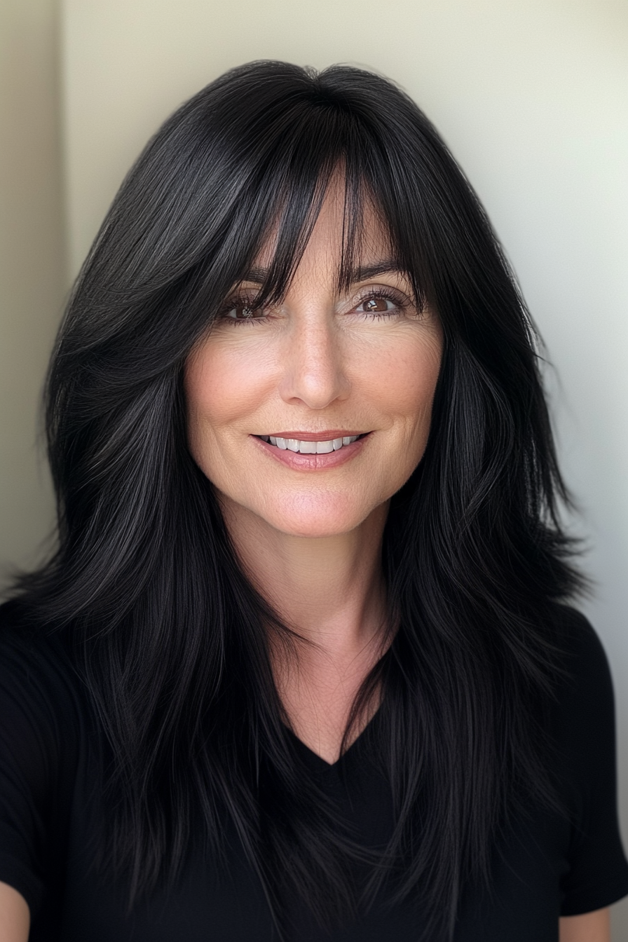 23. Deep Black Layered Shoulder Cut with Wispy Bangs (Hairstyles With Bangs For Women Over 50) - Hairstyles With Bangs For Women Over 50