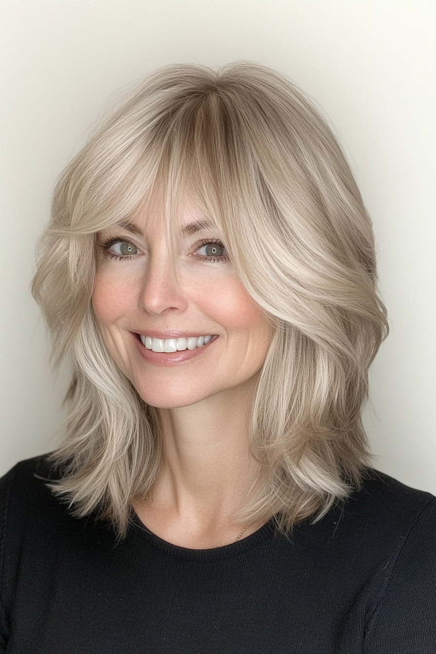 24. Warm Beige Blonde Medium Bob with Arched Bangs (Hairstyles With Bangs For Women Over 50) - Hairstyles With Bangs For Women Over 50
