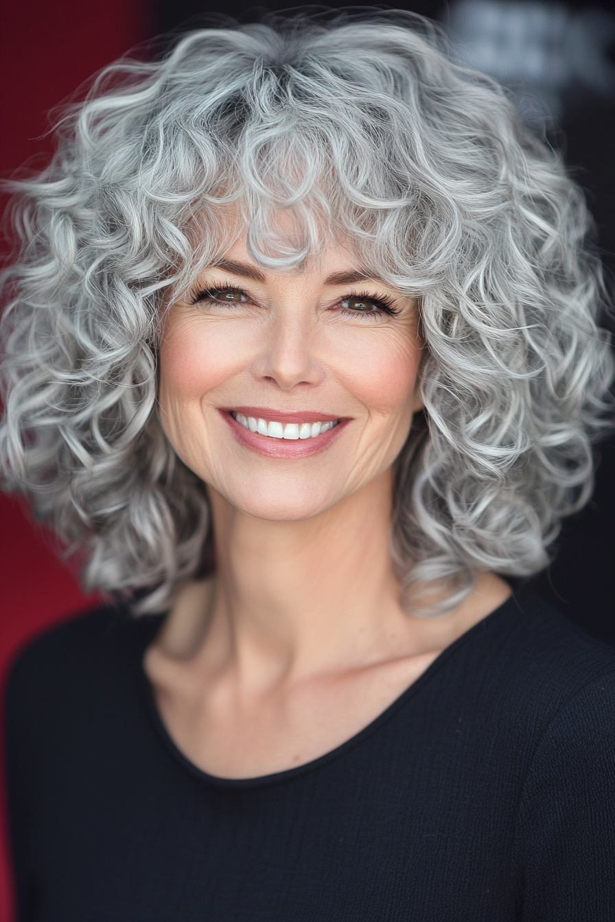25. Natural Silver Curly Lob with Side-Swept Fringe (Hairstyles With Bangs For Women Over 50) - Hairstyles With Bangs For Women Over 50