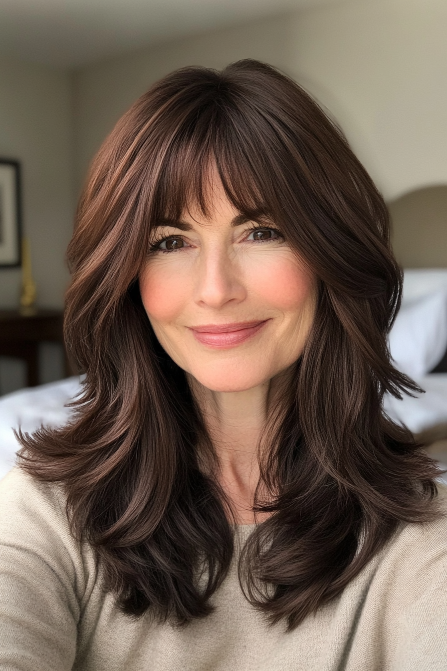 26. Soft Chocolate Layers with Brow-Skimming Bangs (Hairstyles With Bangs For Women Over 50) - Hairstyles With Bangs For Women Over 50