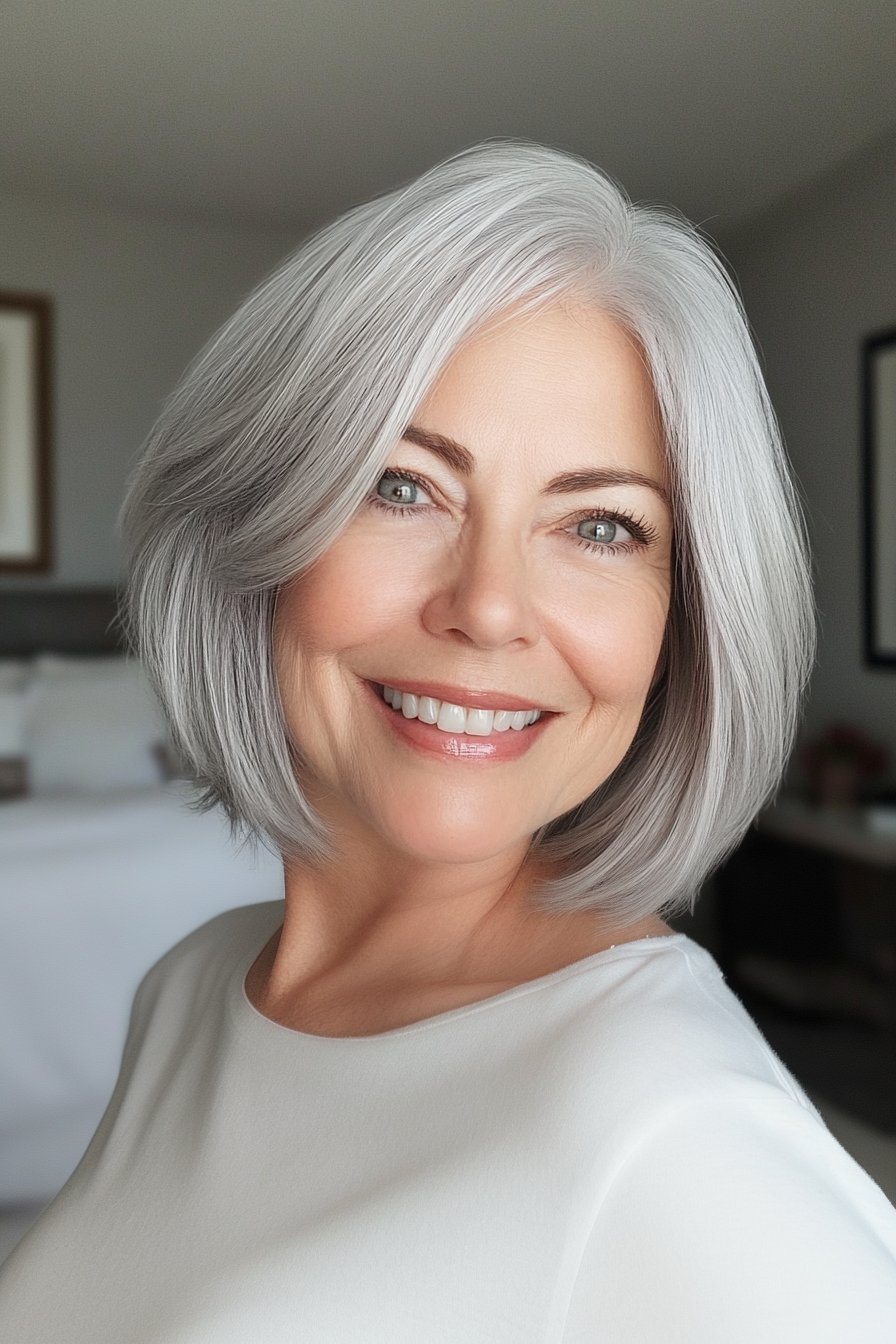 12. Short Layered Bob in Icy Gray (Hairstyles For Women Over 70) - Hairstyles For Women Over 70