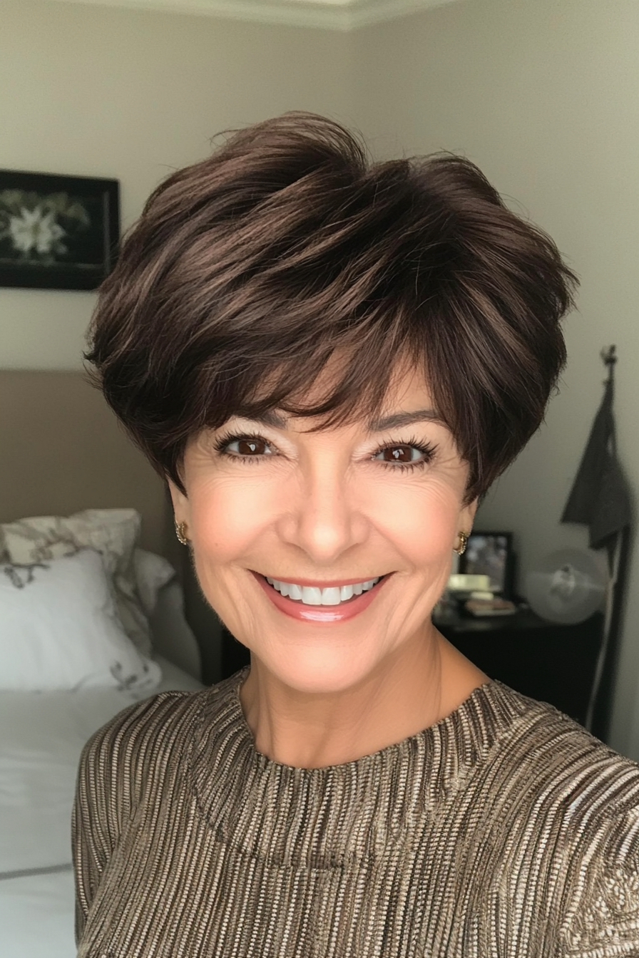 13. Voluminous Pixie in Dark Mocha (Hairstyles For Women Over 70) - Hairstyles For Women Over 70