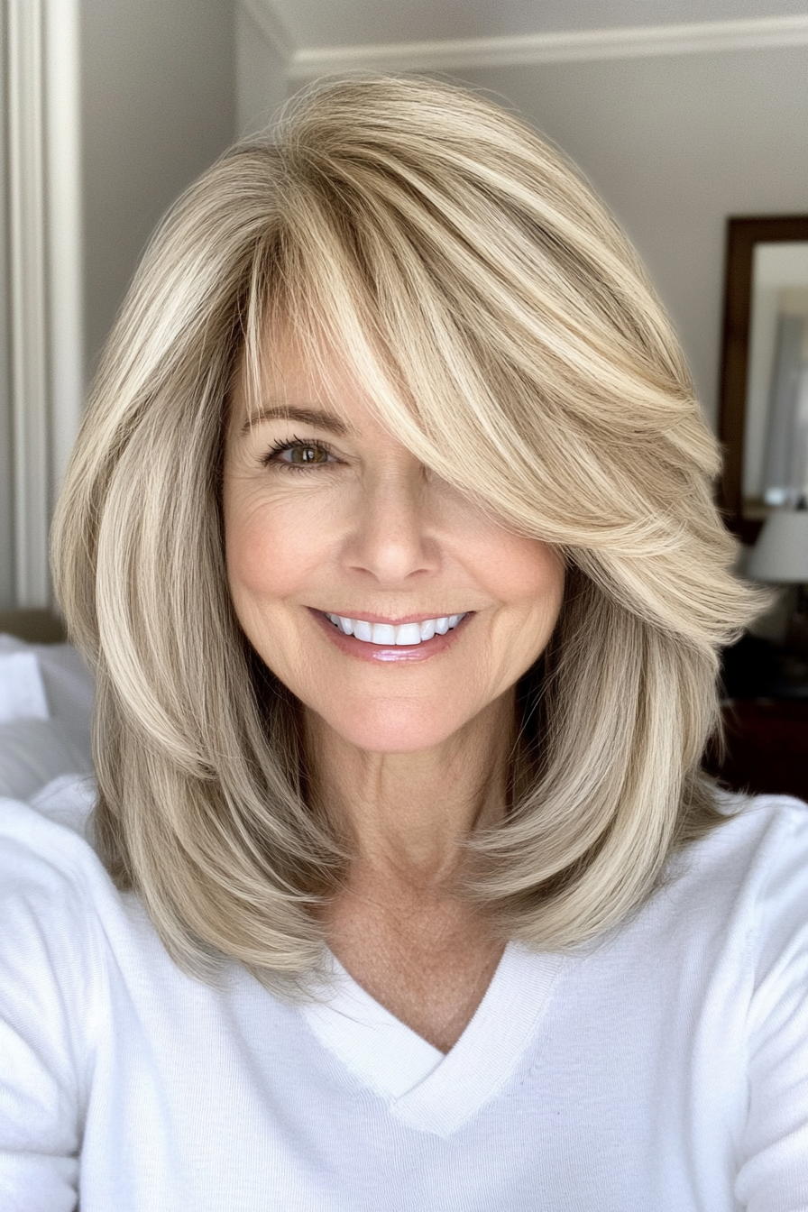 14. Wispy Bangs with Soft Beige Blonde Lob (Hairstyles For Women Over 70) - Hairstyles For Women Over 70