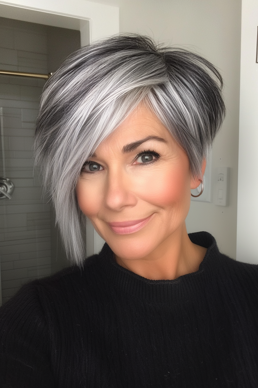 19. Layered Pixie with Side-Swept Bangs in Deep Charcoal (Hairstyles For Women Over 70) - Hairstyles For Women Over 70