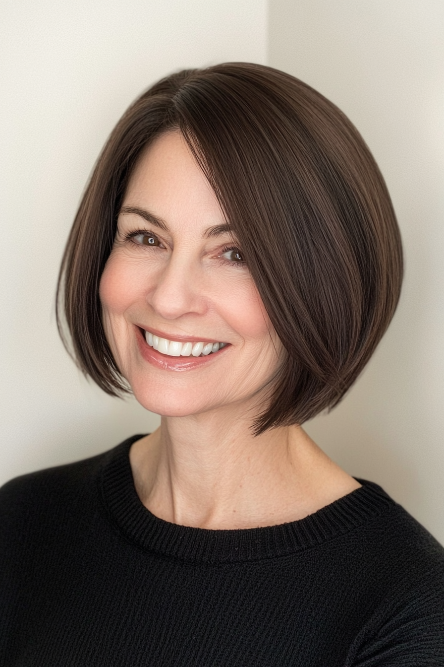 21. Short and Sleek Bob in Espresso Brown (Hairstyles For Women Over 70) - Hairstyles For Women Over 70