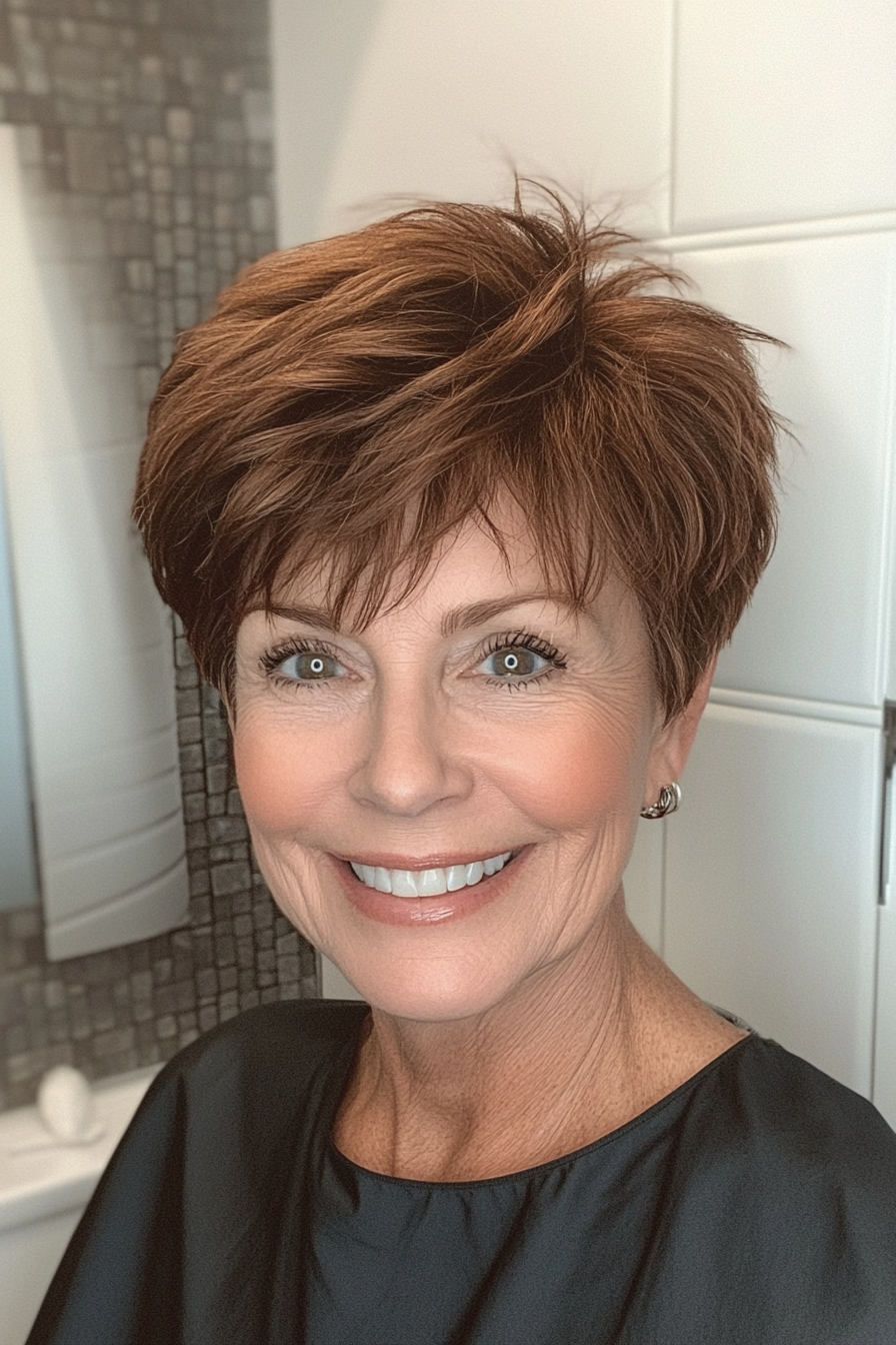 23. Textured Pixie in Chestnut Brown (Hairstyles For Women Over 70) - Hairstyles For Women Over 70