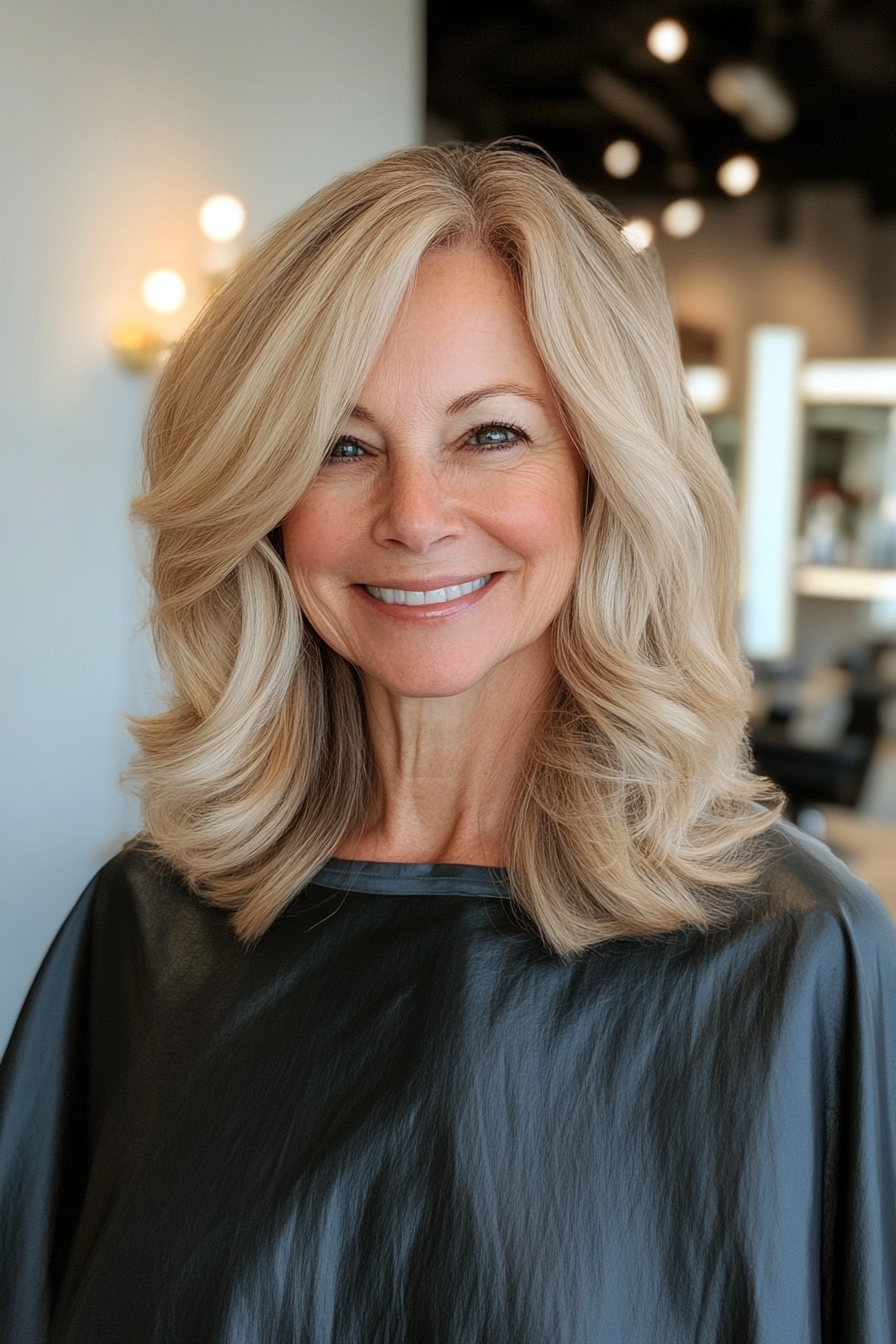 26. Soft Side-Parted Lob in Warm Beige Blonde (Hairstyles For Women Over 70) - Hairstyles For Women Over 70