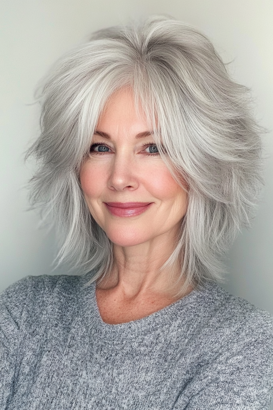 1. Feathered Silver Shag (Short Shag Haircuts For Older Women) - Short Shag Haircuts For Older Women