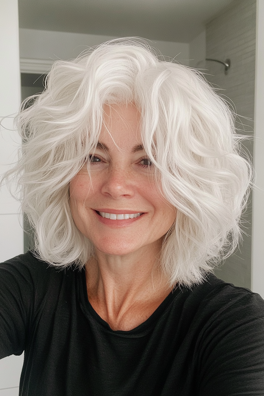 5. Snowy White Wavy Shag (Short Shag Haircuts For Older Women) - Short Shag Haircuts For Older Women