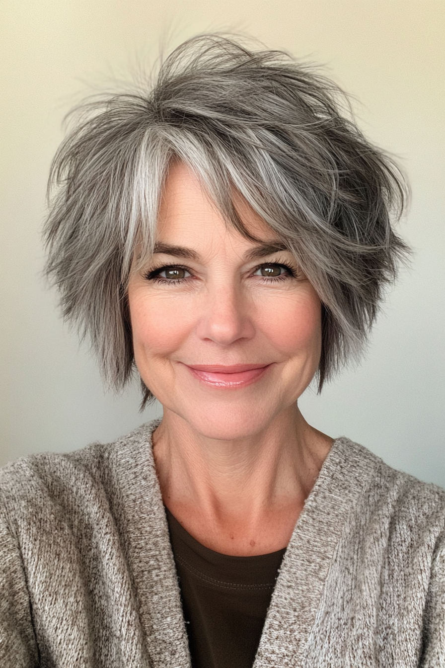 7. Salt-and-Pepper Choppy Shag (Short Shag Haircuts For Older Women) - Short Shag Haircuts For Older Women