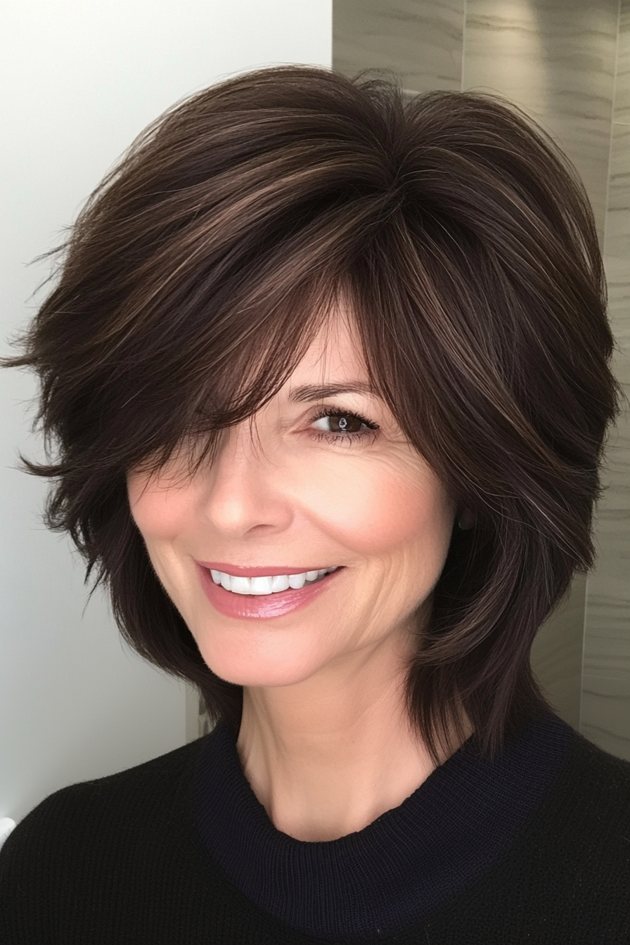 11. Natural Dark Brown Layered Shag (Short Shag Haircuts For Older Women) - Short Shag Haircuts For Older Women