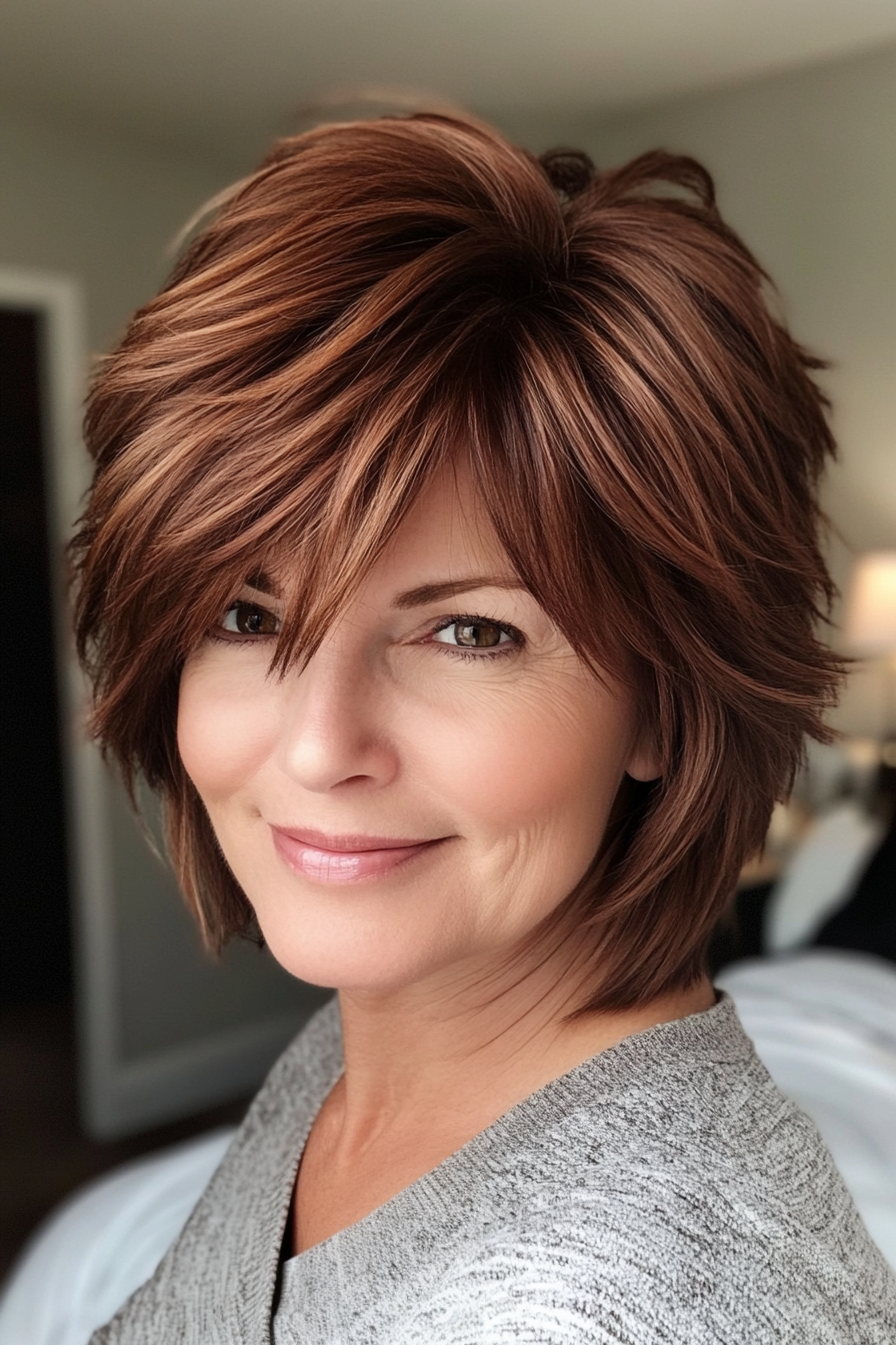 19. Warm Mahogany Choppy Shag (Short Shag Haircuts For Older Women) - Short Shag Haircuts For Older Women