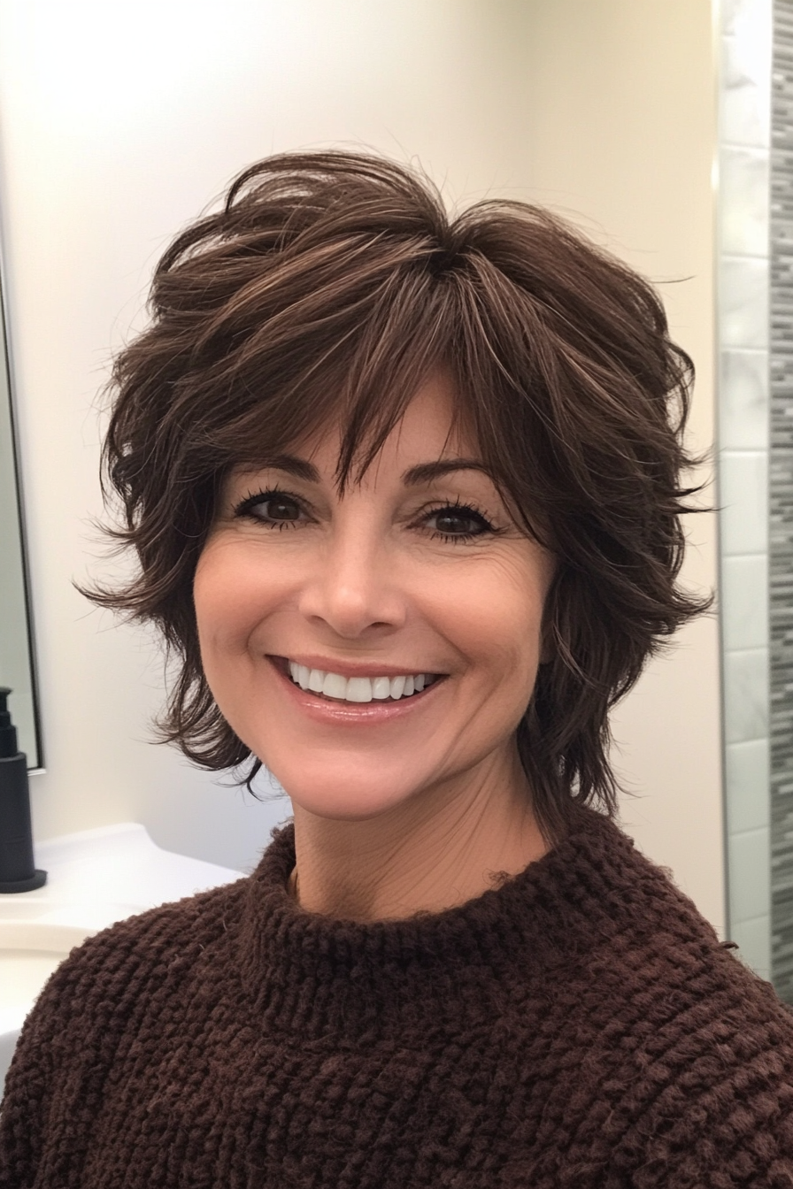 21. Deep Brunette Textured Shag (Short Shag Haircuts For Older Women) - Short Shag Haircuts For Older Women
