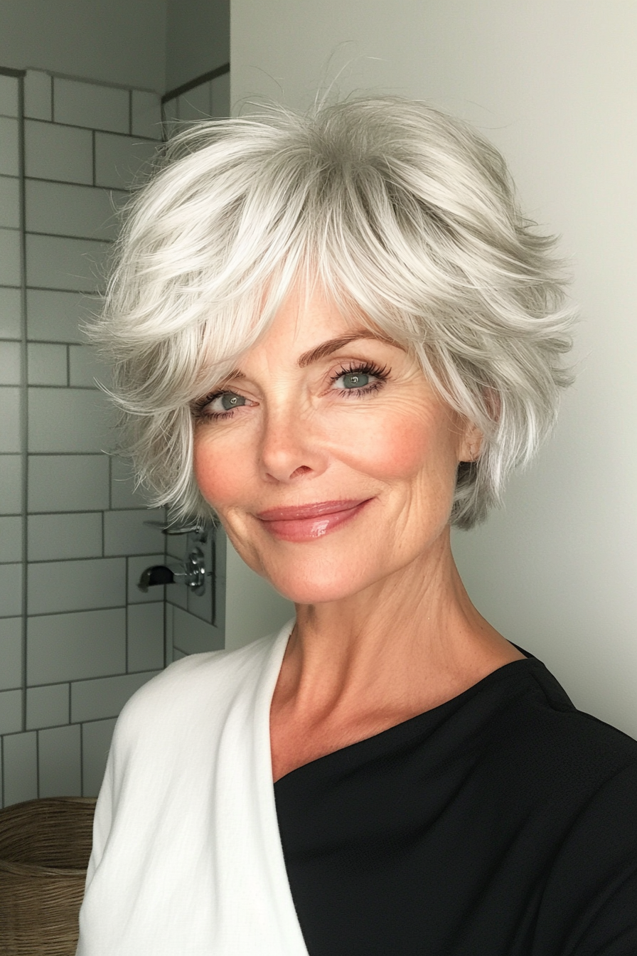 26. Silver-Blonde Layered Crop Shag (Short Shag Haircuts For Older Women) - Short Shag Haircuts For Older Women