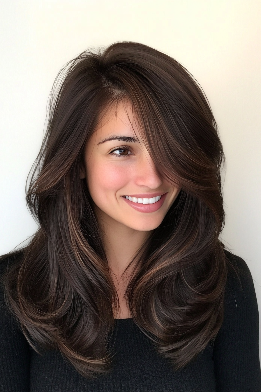 2. Wispy Layers with Face-Framing Highlights in Dark Brown (Medium Layered Haircuts) - Medium Layered Haircuts