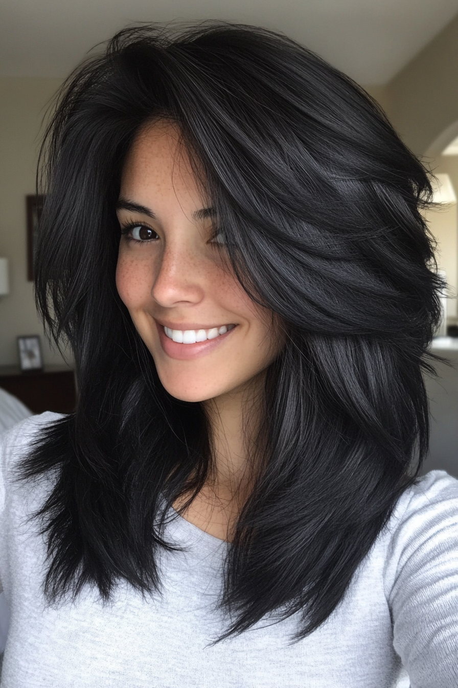 3. Choppy Layers with Feathered Ends in Deep Black (Medium Layered Haircuts) - Medium Layered Haircuts