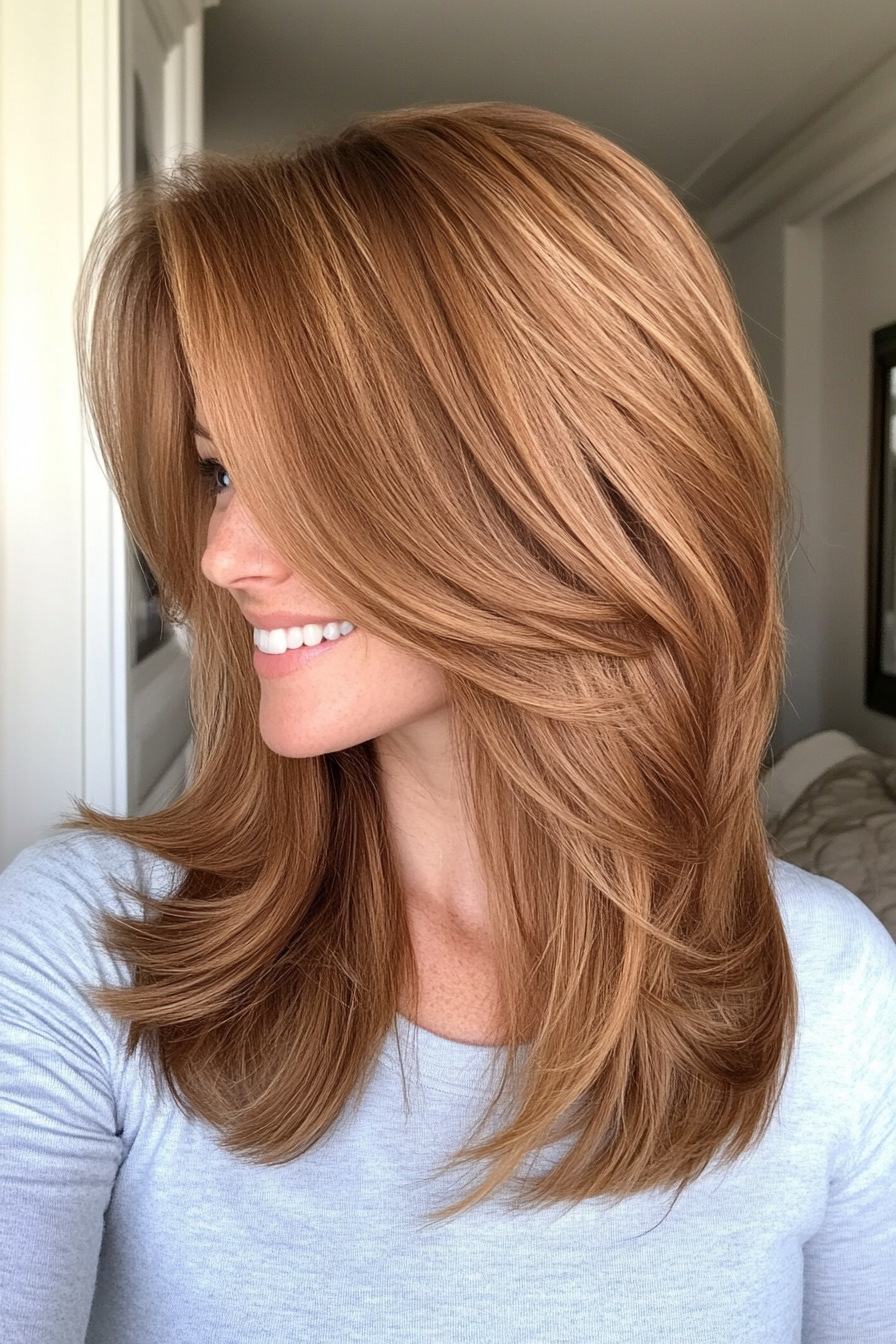 5. Shoulder-Length Layers with Curtain Bangs in Golden Brown (Medium Layered Haircuts) - Medium Layered Haircuts