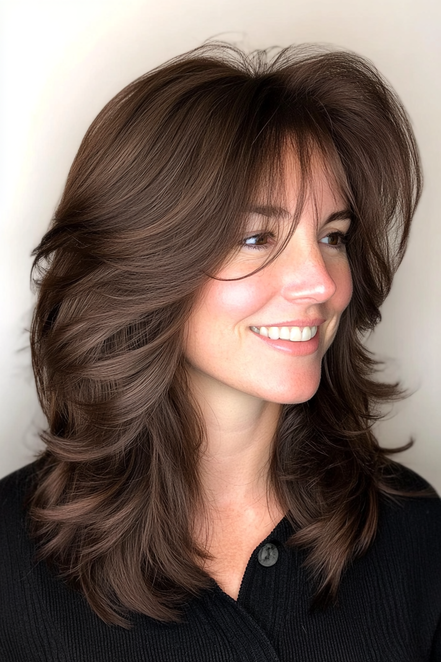 6. Textured Layers with Side-Swept Bangs in Dark Chocolate Brown (Medium Layered Haircuts) - Medium Layered Haircuts