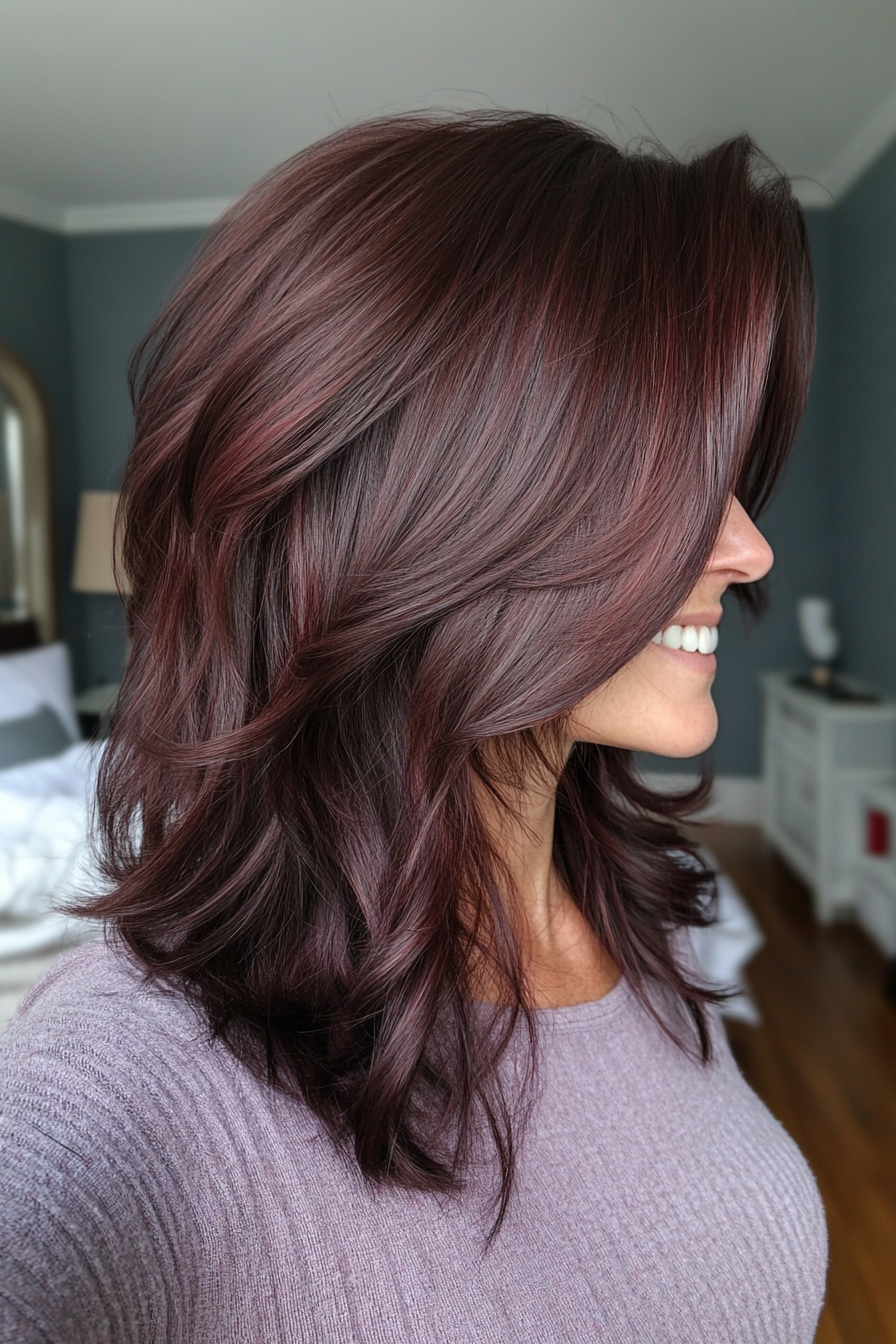 10. Tousled Layers with Razor-Cut Ends in Deep Mahogany (Medium Layered Haircuts) - Medium Layered Haircuts