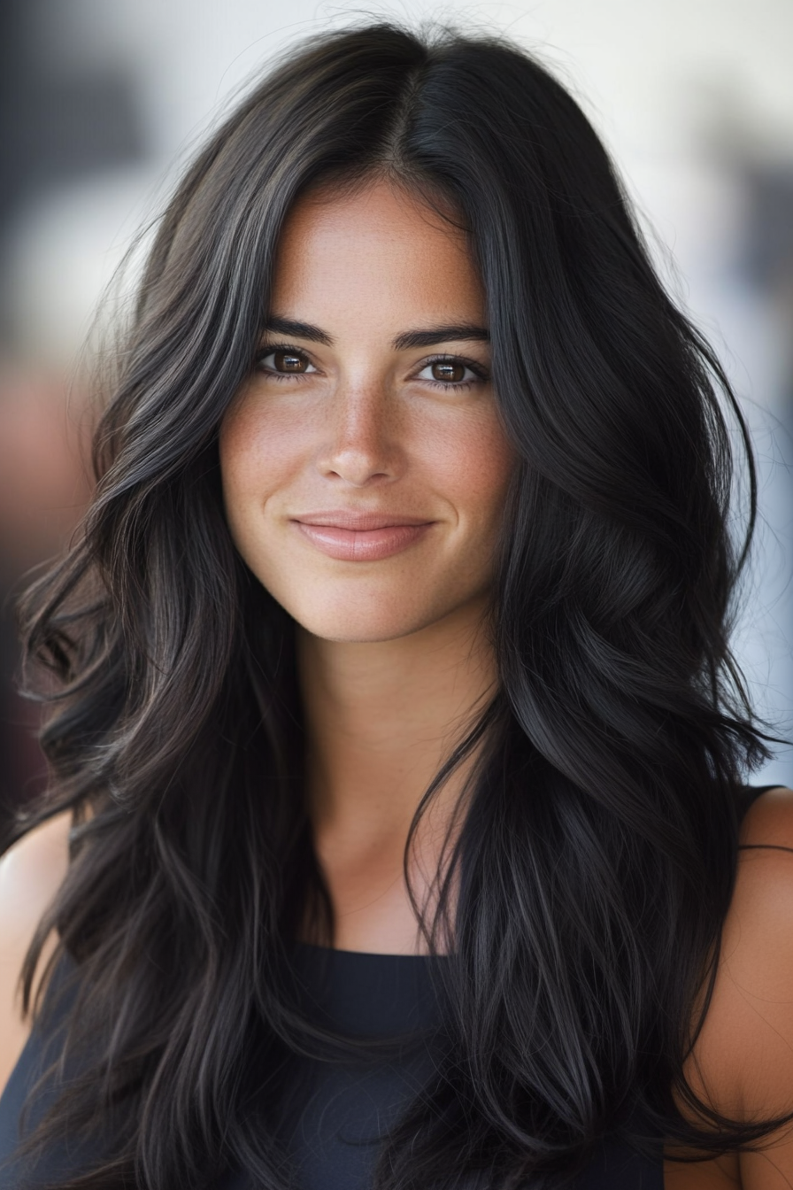 11. Layered Waves with Blended Highlights in Soft Black (Medium Layered Haircuts) - Medium Layered Haircuts