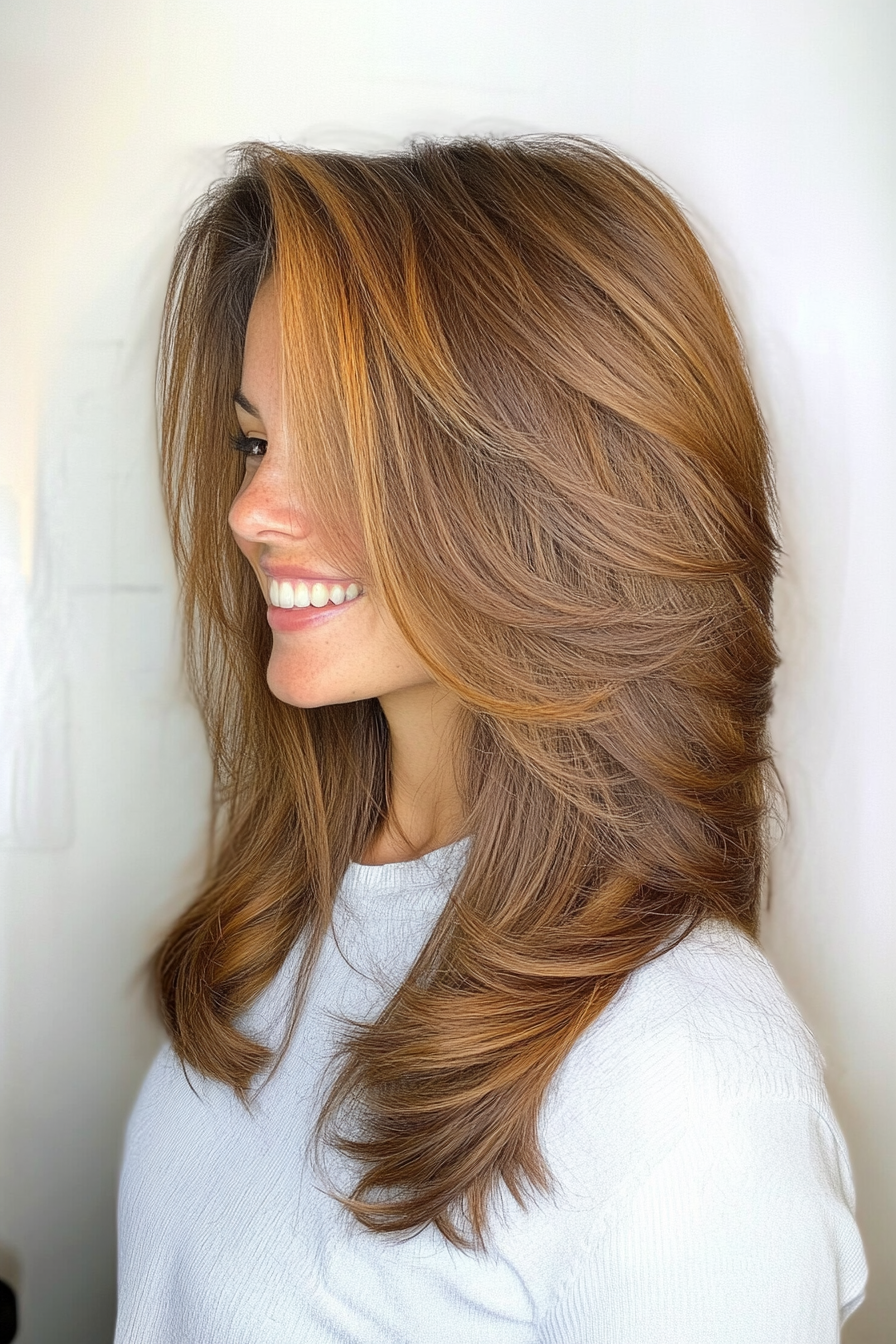 13. Layered Shoulder-Length Cut with Side Layers in Caramel Brown (Medium Layered Haircuts) - Medium Layered Haircuts