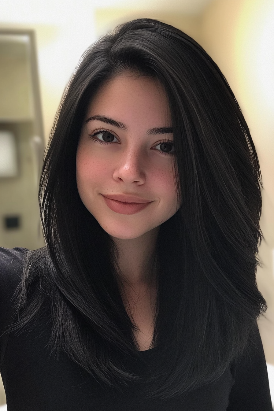 15. Straight Layers with Sleek Finish in Jet Black (Medium Layered Haircuts) - Medium Layered Haircuts