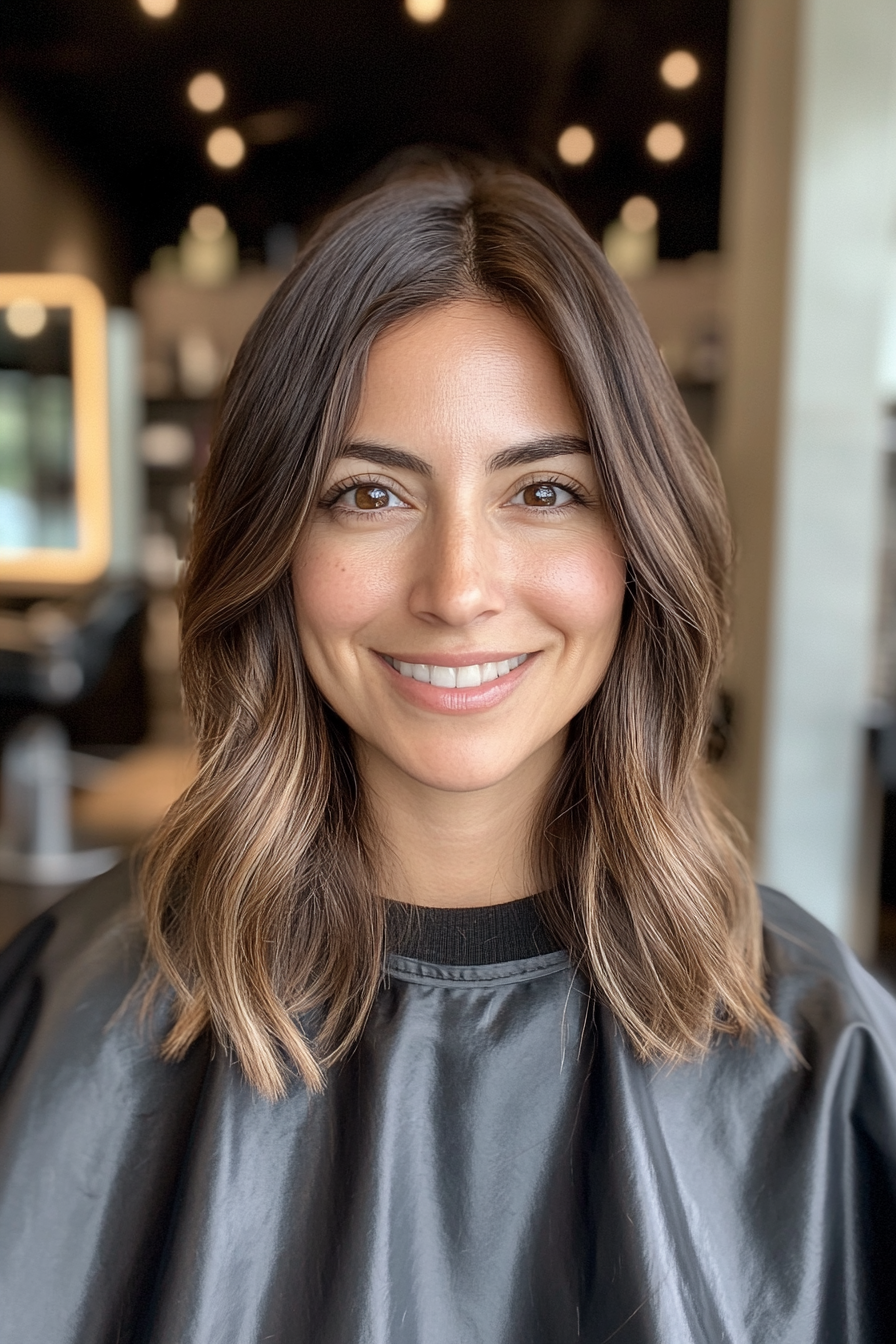 19. Subtle Layered Cut with Gentle Waves in Chestnut Ombre (Medium Layered Haircuts) - Medium Layered Haircuts