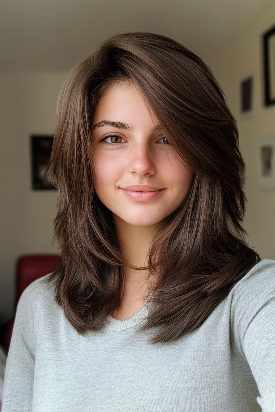 20. Modern Wolf Cut with Medium Layers in Deep Brown (Medium Layered Haircuts) - Medium Layered Haircuts