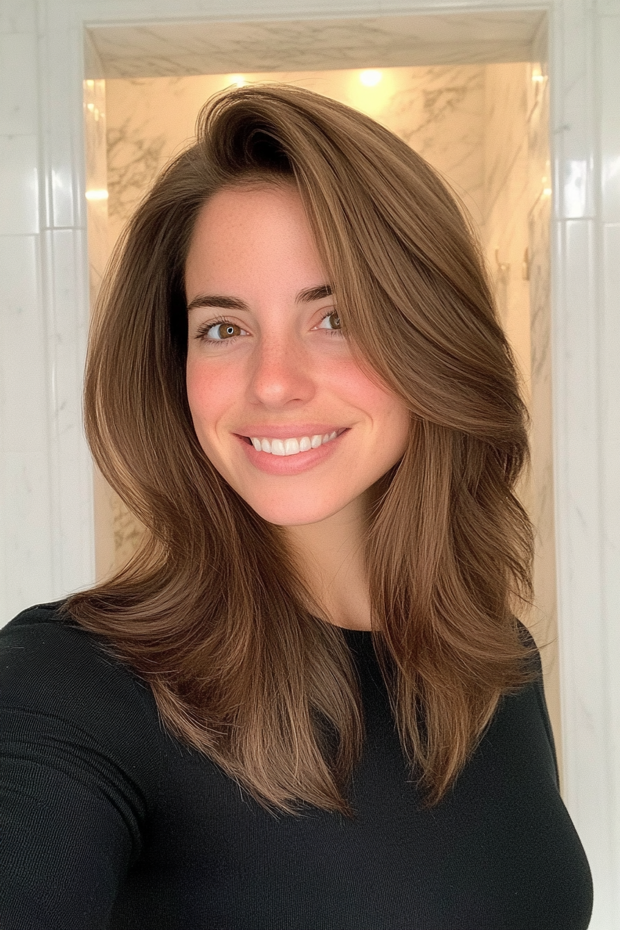 21. Angled Layers with Side-Swept Look in Warm Walnut Brown (Medium Layered Haircuts) - Medium Layered Haircuts