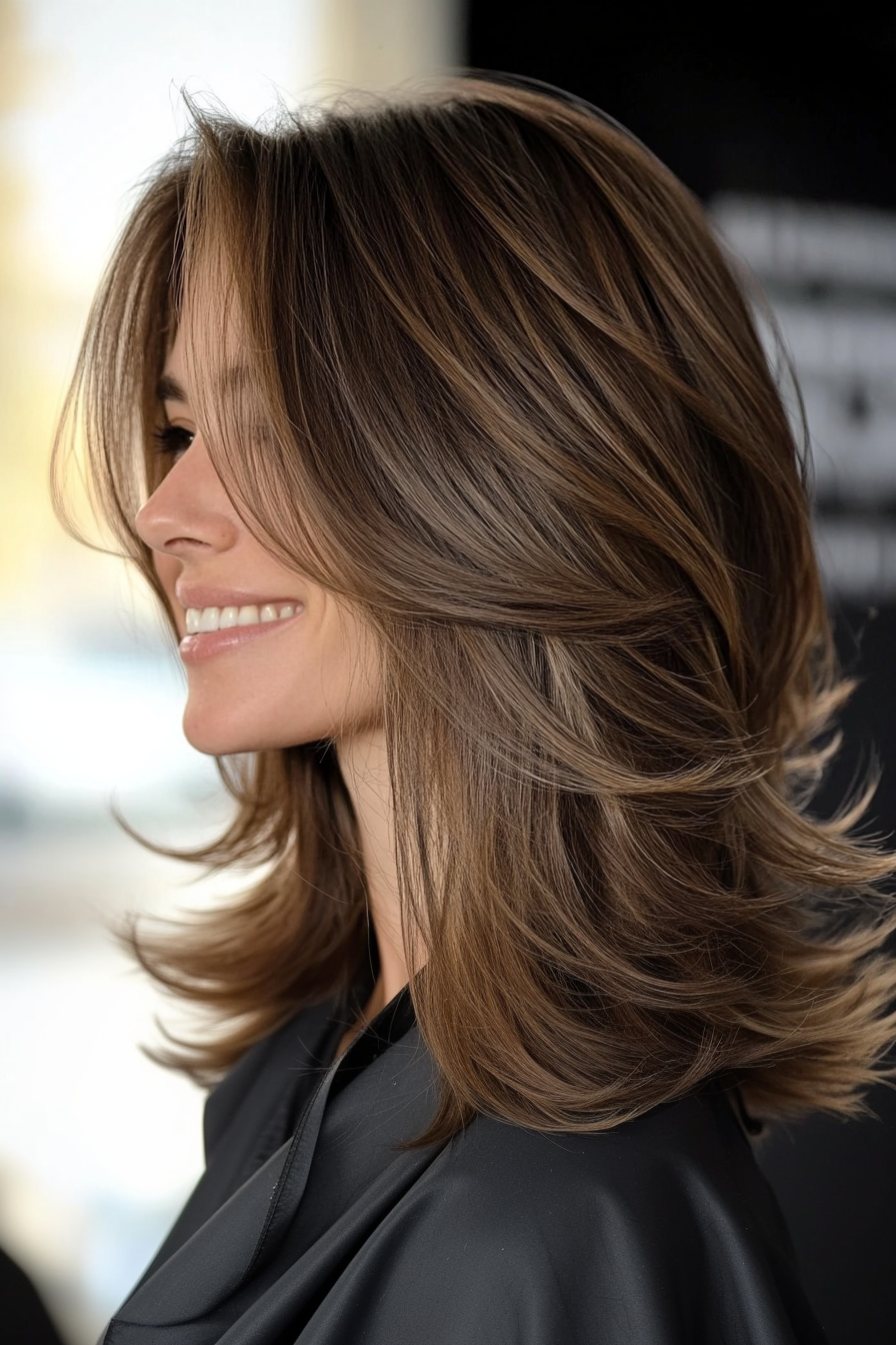 22. Flowy Layers with Hidden Face-Framing in Cool Brown (Medium Layered Haircuts) - Medium Layered Haircuts
