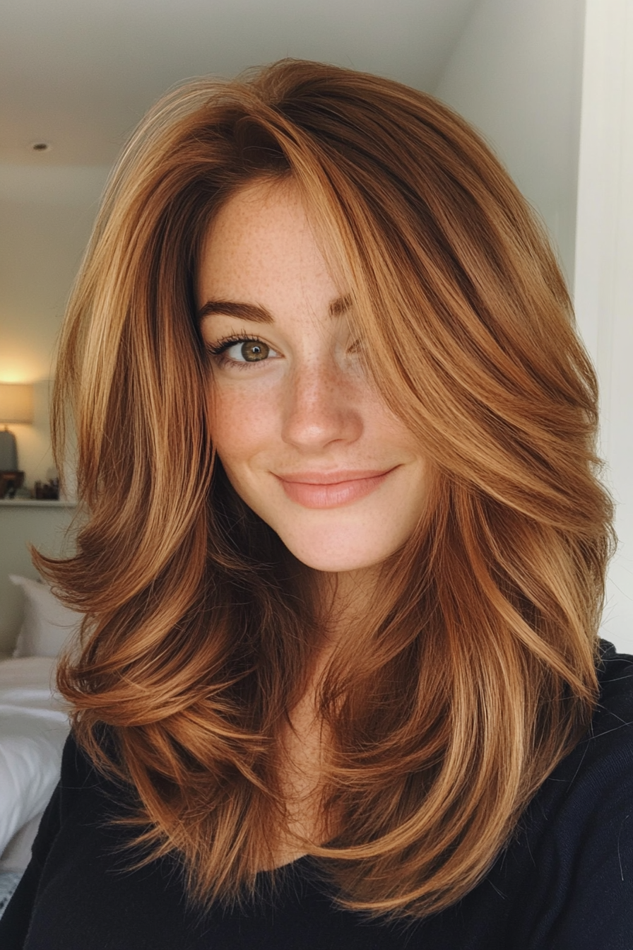17. Soft Voluminous Layers in Warm Cinnamon Brown (Medium Layered Haircuts) - Medium Layered Haircuts