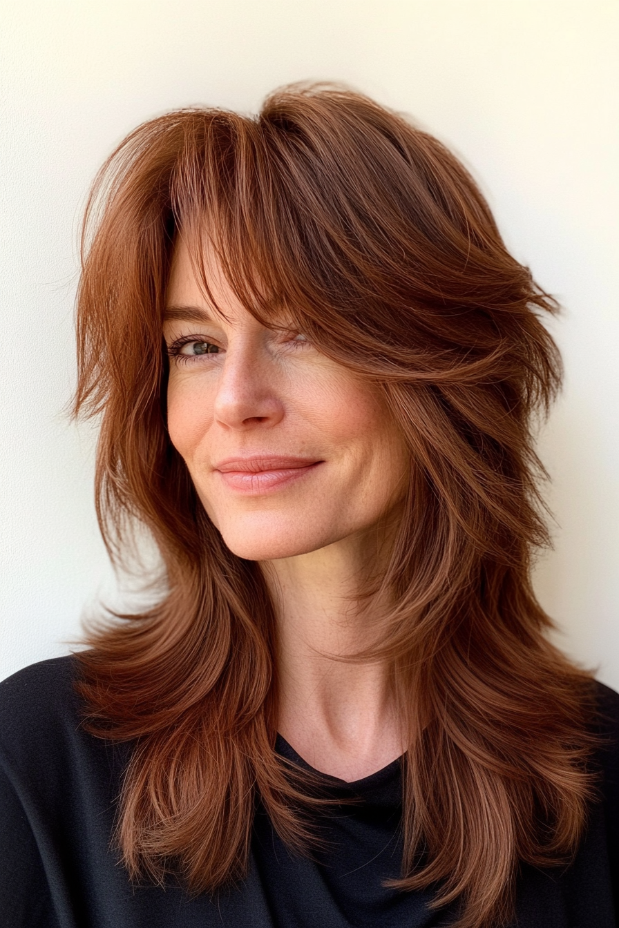 18. Chestnut Brown Layered Shag with Curtain Bangs (Shaggy Haircuts) - Shaggy Haircuts